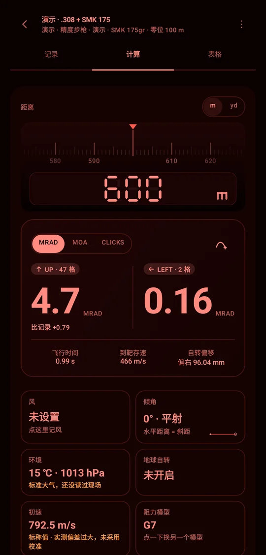 夜视档：仅保留红色相的 DOPE 计算页